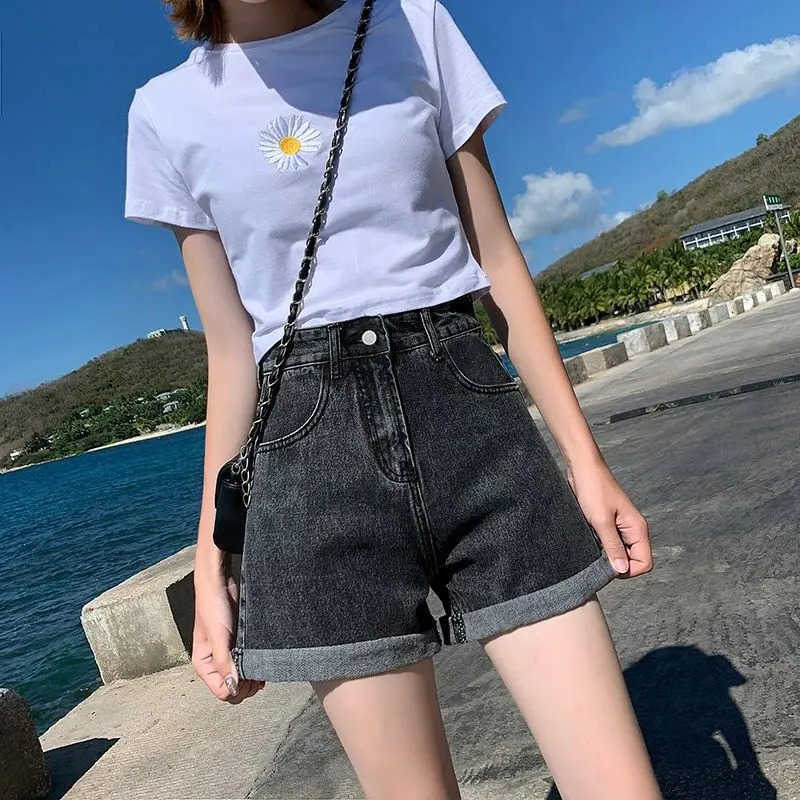 Version Summer Thin Style Korean High Waist Slimming Denim Shorts for Women Loose Line Outer Wear Rolled Edge Wide Leg Hot Pants M260612
