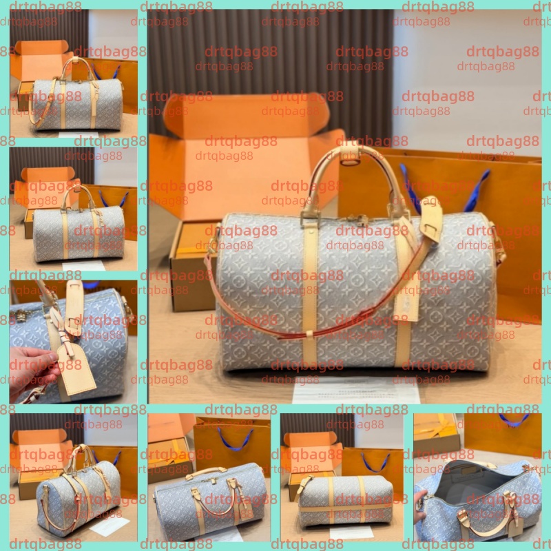 Luxurious men's and women's Keepall 45 grey denim canvas checkered travel bag, large capacity luggage bag. Dimensions: 45cm
