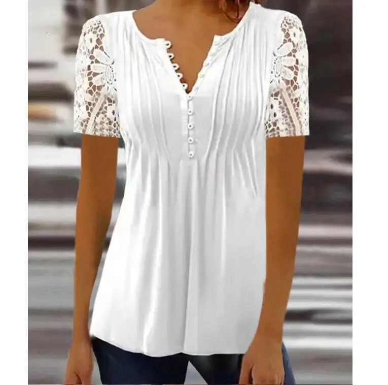 Summer Spring Womens Loose and Comfortable Casual Lace V Neck Printed Blouse Floral Short Sleeve Elegant Fashion Shirt 260611