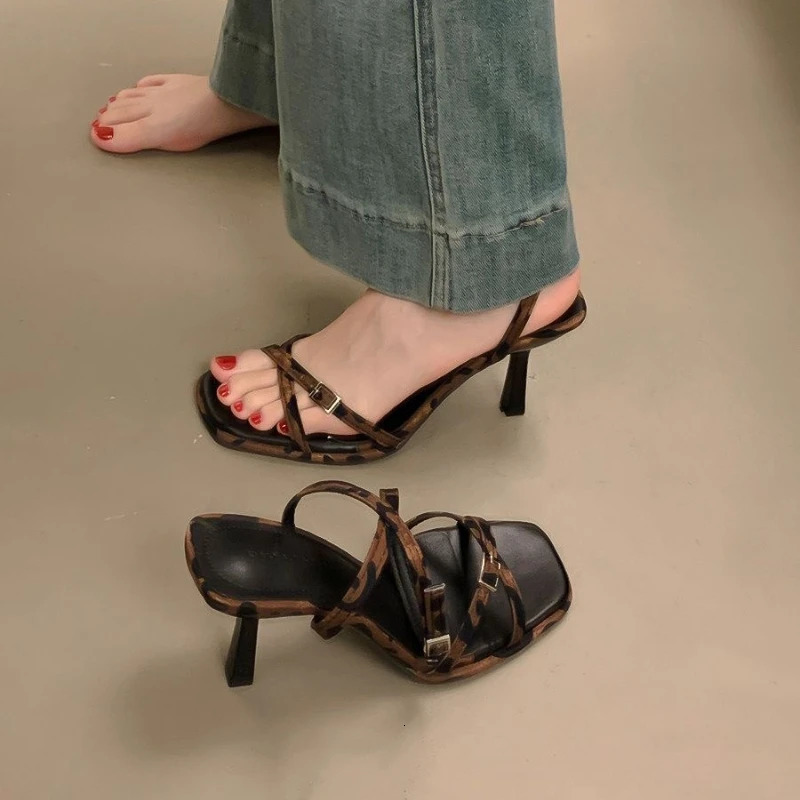 Summer Womens Sexy Leopard Print Narrow Strap Sandals Comfortable Open-toe Dress High Heels Elegant Office Womens Casual Shoes 260623