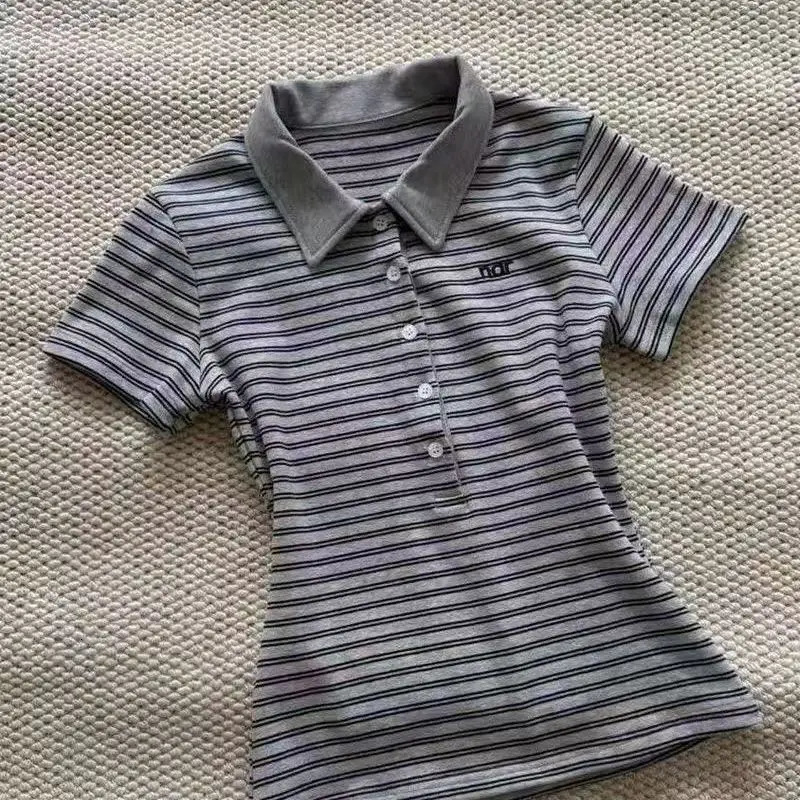 Deeptown Vintage Striped Polo Shirts Women Retro 90s Preppy Style Short Sleeve T-shirts Casual Basic Korean Harajuku Fashion 260610