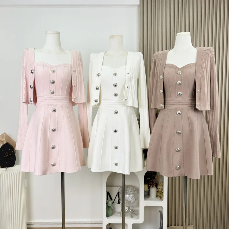 High Quality Fashion Sweet Knitted Cardigans Sexy Dress Sets Korean Girls Sweater Coat Mini 2 Piece Women Outfits 260601