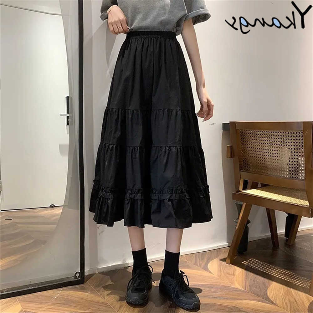 Pleated Black Long Goth Lolita Skirt Women Ruffles Vintage High Waist Harajuku Midi Skirt Summer Korean Patchwork Streetwear M260612