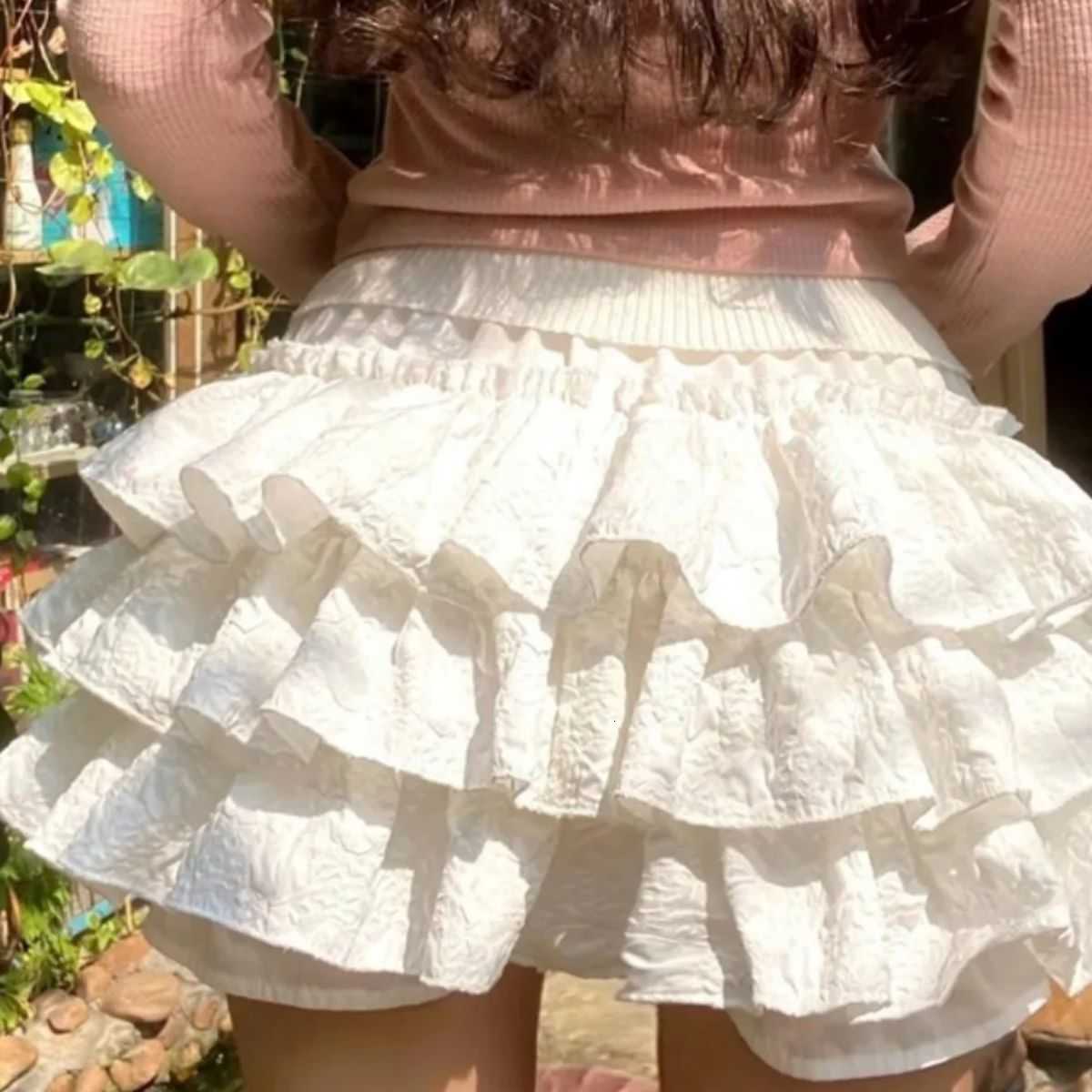Gown Short Skirt Kawaii Pleated Ruffles Layered High Waist Solid Mini Cake Skirts Lolita Sweet Cute Elastic Waist Y2K M260612