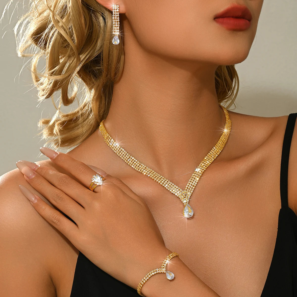 5PC exquisite super sparkling necklace earrings bracelet ring complete set of bridal dress banquet party accessories 260609
