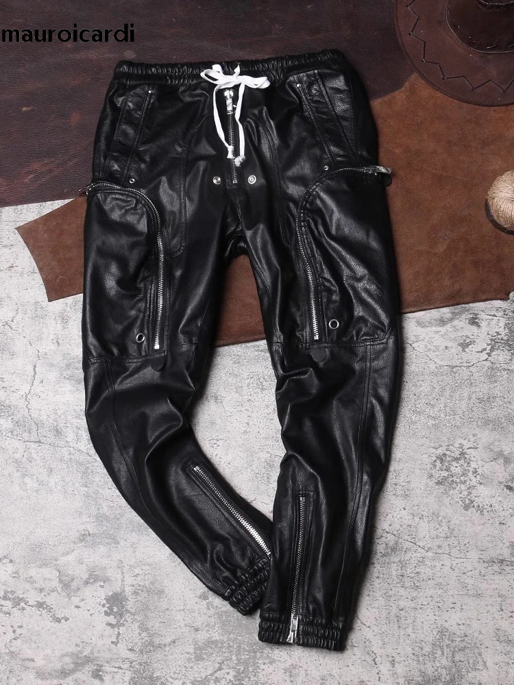 Mauroicardi Autumn Cool Black Pu Leather Pants for Men with Many Zippers and Elastic Waist Jogging y ner Clothes 260611