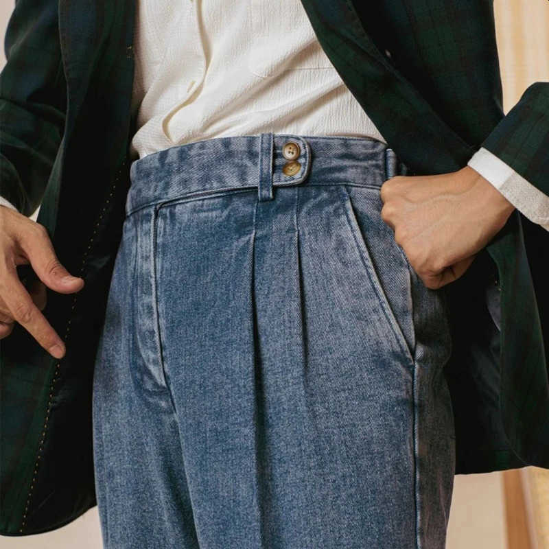 Jeans doppi con piega Pantaloni Napoli Pantaloni dritti larghi in cotone lavato Primavera Autunno Inghilterra Denim a vita alta S260612