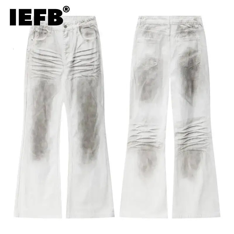 IEFB American Retro Washed Mens High Street Vibe Slimfit Distressed Flared Casual Pants Trendy White Denim Trousers 9X3343 260610