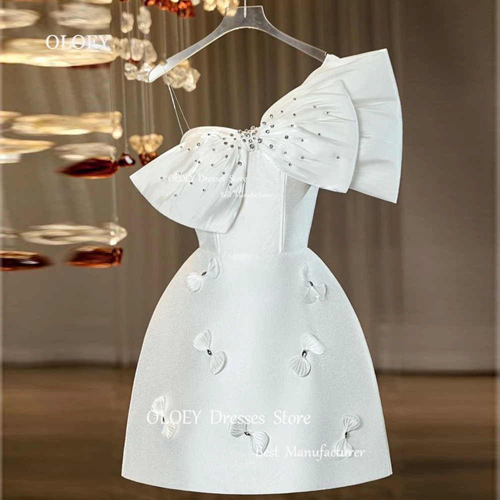 OLOEY 3d Bows White Short Prom Cocktail Dresses Strapless Women Wedding Party Dress Summer Beach Silky Satin Custom Made 260611