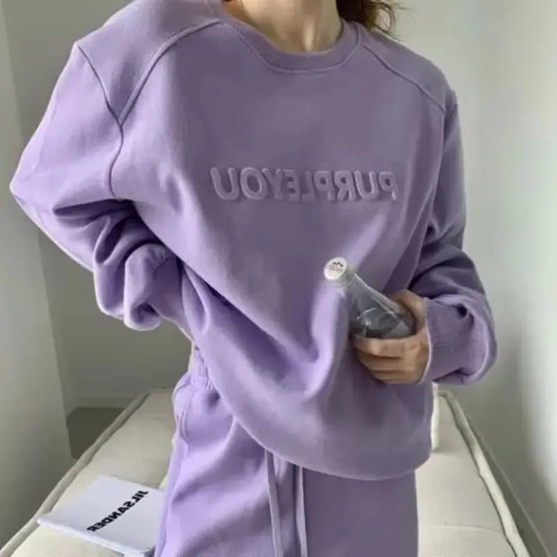Womens 2026 Purple Sports Suit Spring And Autumn Casual Fashion Style Loose Long Sleeve Sweater Tops Pants 2 Two Piece Set 260611