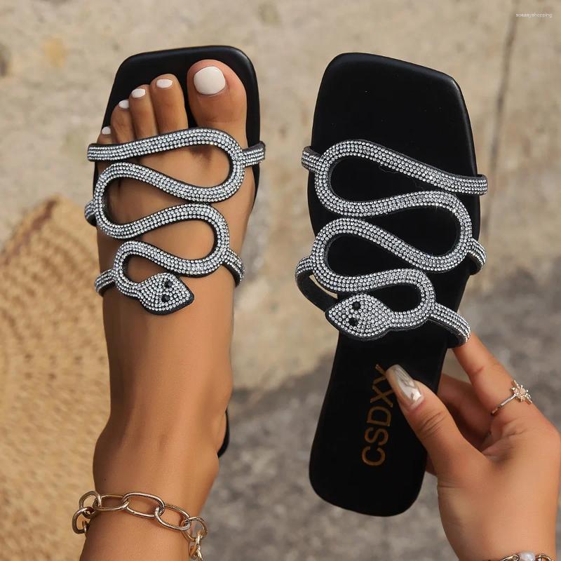 Slippers Fashion Rhinestones Snakehead Flat Women's Head Non-slip Solid Color Vacation Shoes
