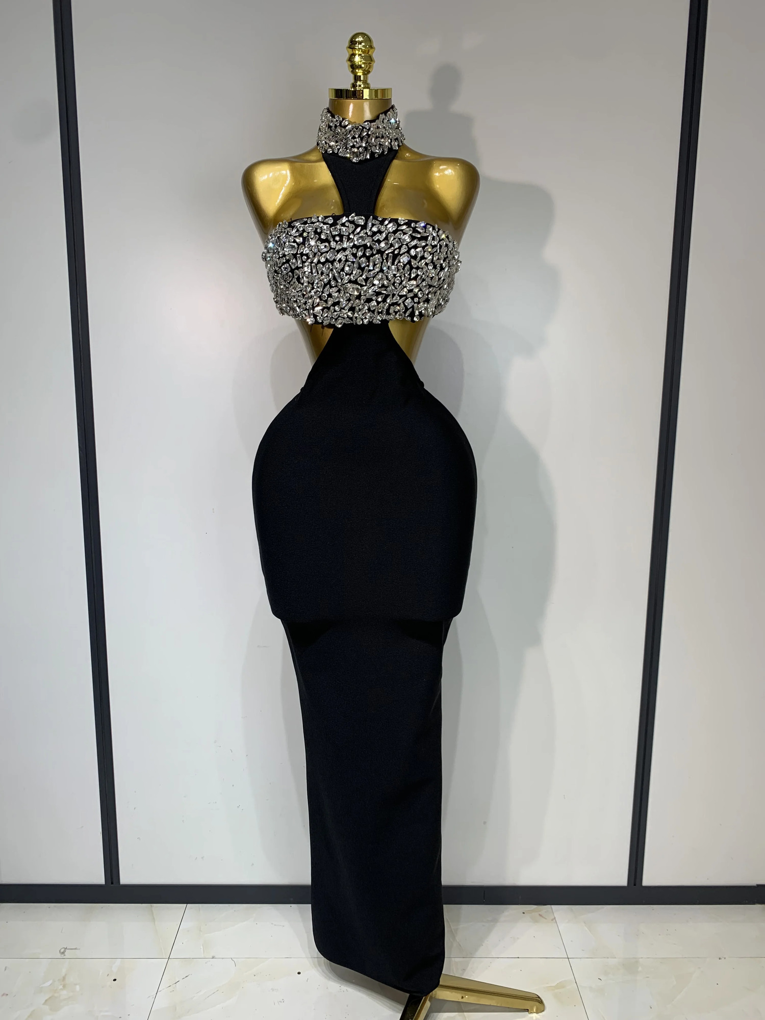 Women Sexy Backless Sparkly Crystal Diamonds Black Bodycon Bandage Dress Celebrity Elegant Evening Club Party Birthday Dresses 260612