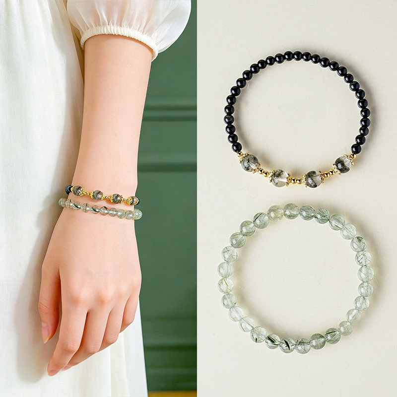 Natural Green Rutilated Quartz Beaded Bracelet Set, Double-Layer with Black Onyx Gold Spacer Women's Healing Crystal Jewelry Wholesale Bulk