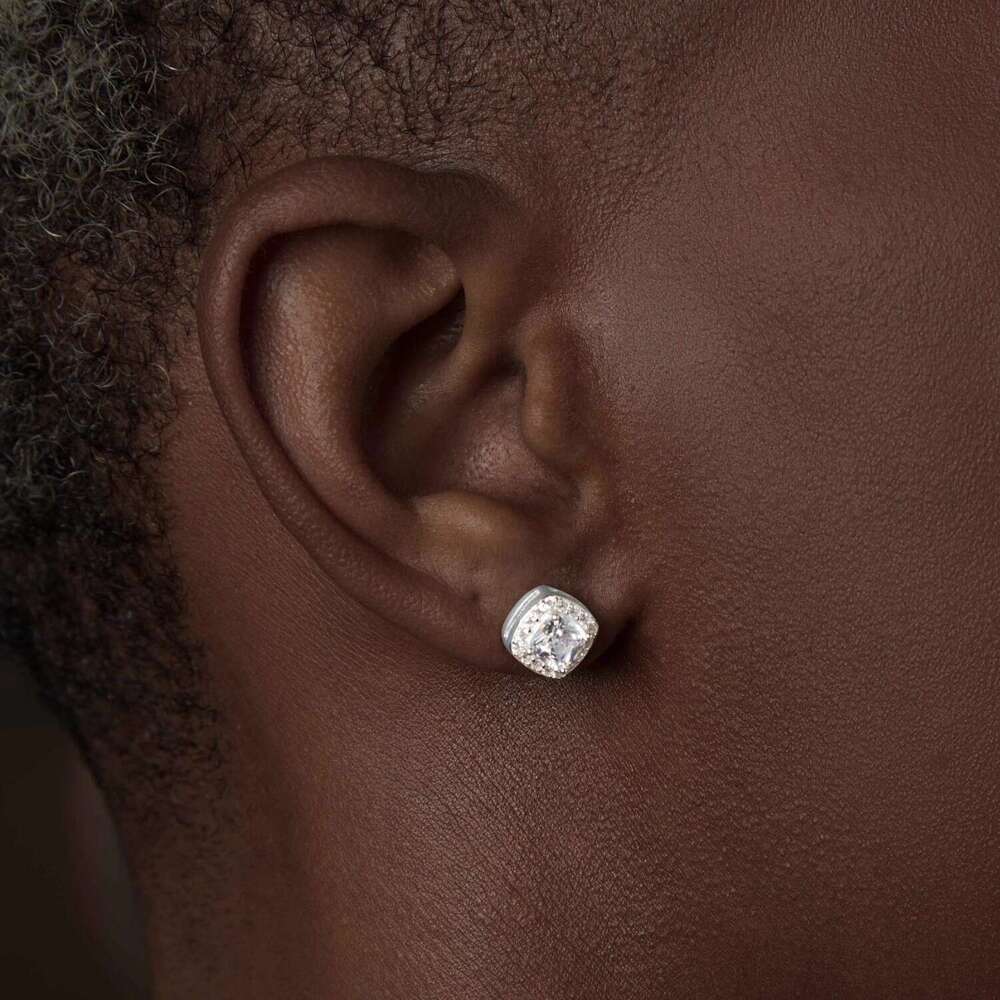 Silver full-diamond ice crystal earrings for men women, hip-hop street style, American diamond earrings, trendy and high-end, single piece, 2025