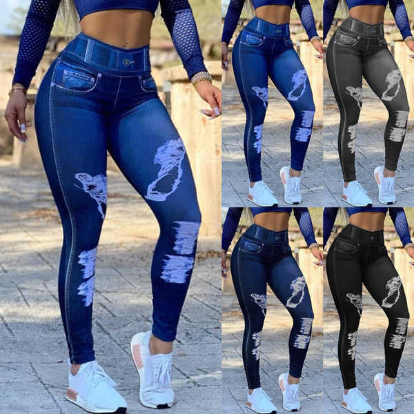 Womens High-Waisted Stretchy Faux Denim Leggings Plus Size Fitness Sports Yoga Pants L260612