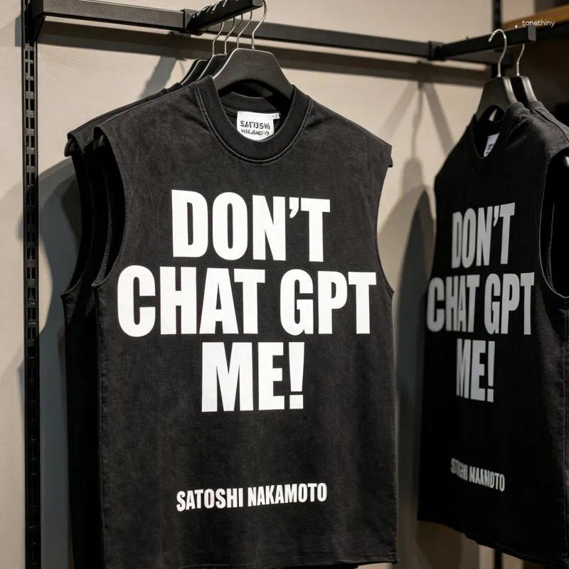 Men's Tank Tops Summer SATOSHI Sleeveless Tshirts Black Washed Retro Vest Don't CHATGPT Me Letter Print Cut Edge Men Women Streetwear
