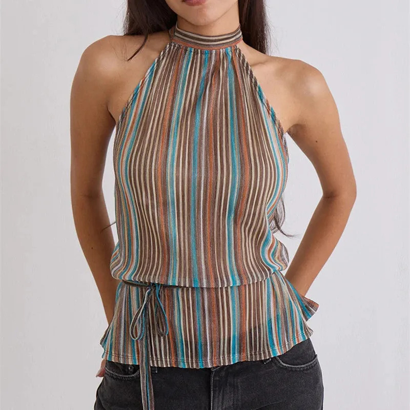 Y2K Vintage Sleeveless Tie Up Open Back Shirts Vest Womens Chiffon Pleated Tank Top Summer Backless Halter Neck Crop Tops 260612