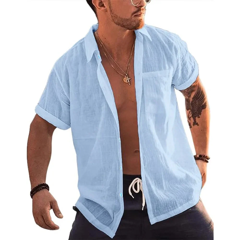 Mens Short Sleeve T-Shirts Button Up Shirts Linen Cotton Beach Tops Turn Down Collar Summer T Shirt with Pocket 260612