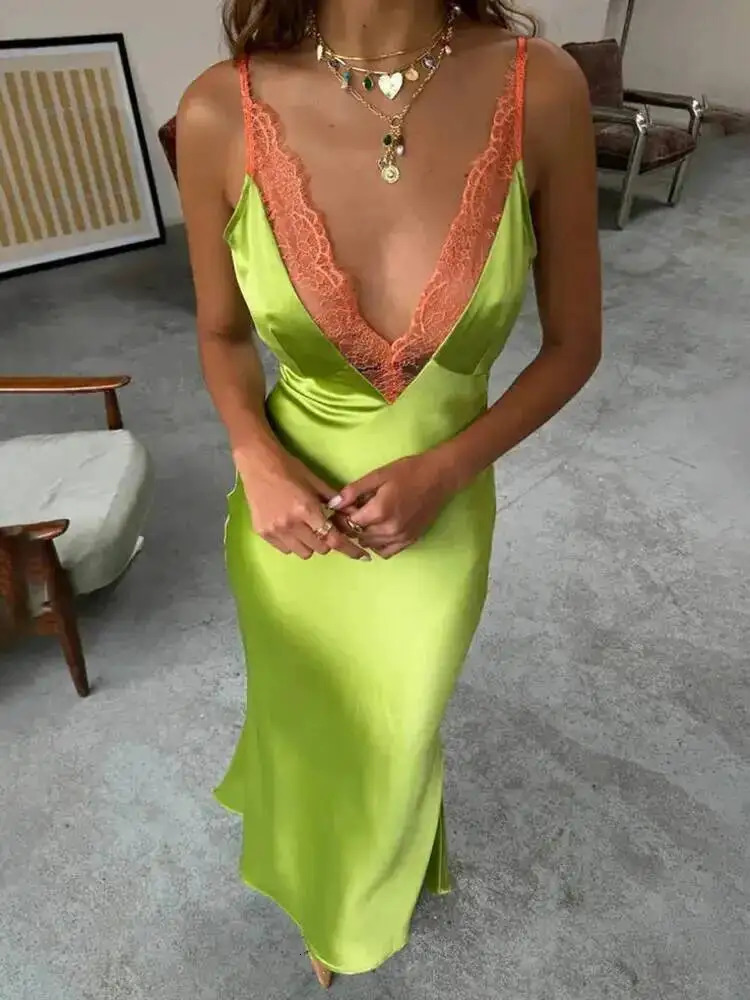 Blifanbo Stain Spaghetti Strap Maxi Dress For Women Lace Side V Neck Sexy Sleeveless Backless Patchwork Holiday Dress Elegant 260608