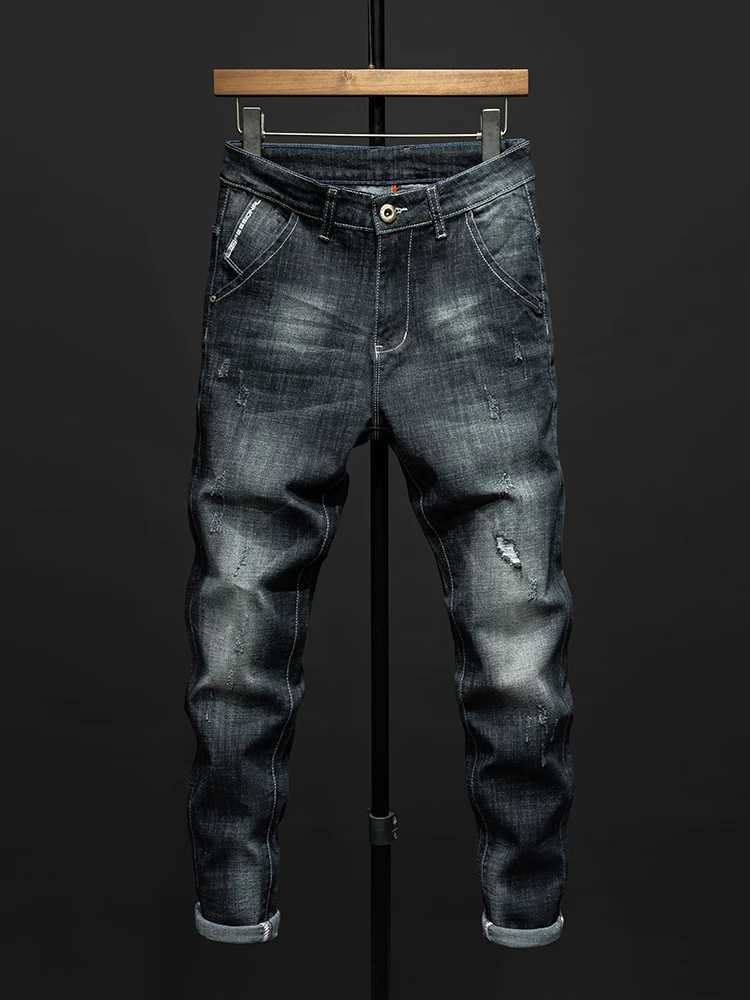 Fashion Ripped Mens Slim Straight Stretch Jeans Korean Personality Streetwear Denim Pants Classic Black Hip Hop Male Trousers T260410
