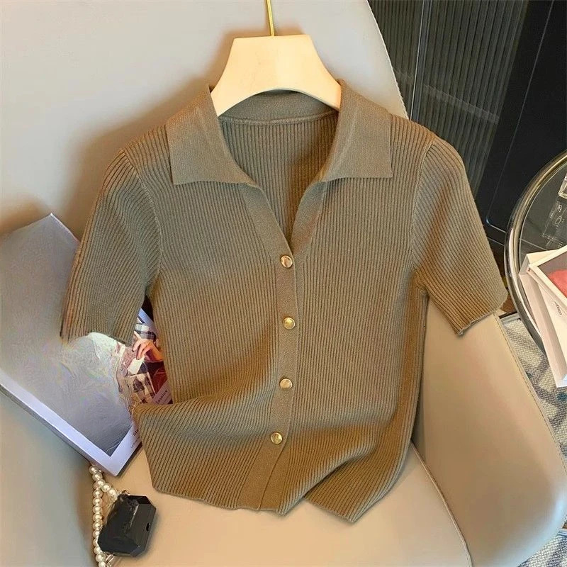 Chic Knitted Poloneck Shirt Womens Korean Summer Thin Cardigan Short Sleeve TShirt Casual Single Breasted Knitwear Tops 260613