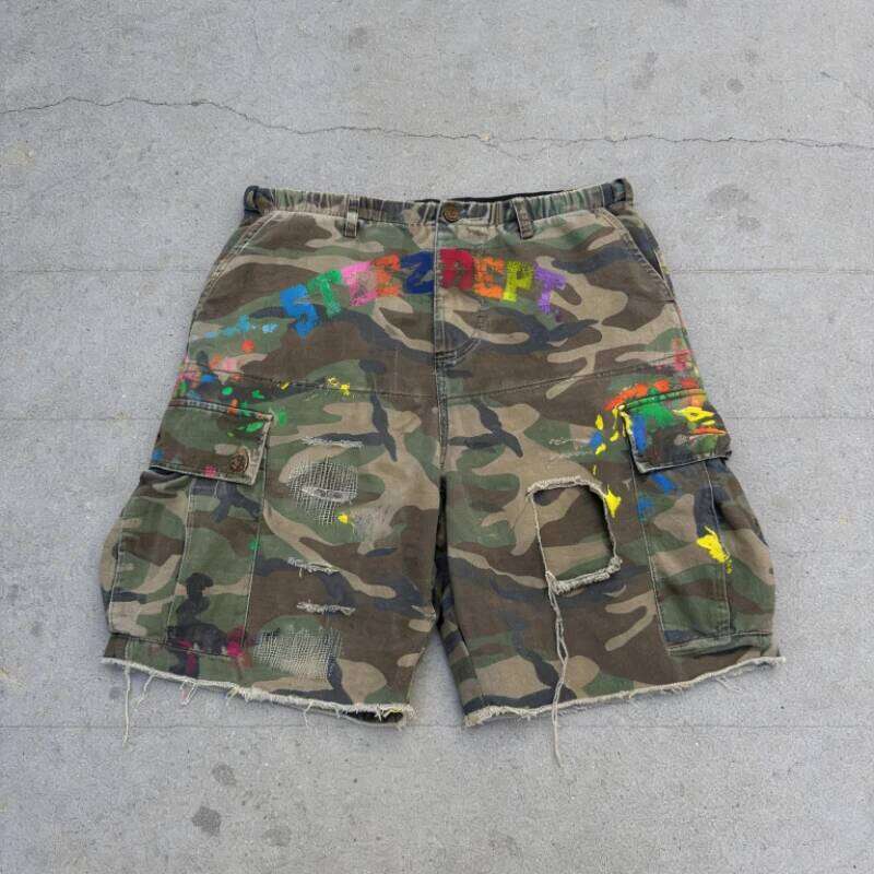 Y2K American Cargo Shorts Paint Splatter Camouflage Pattern Bottom New Trendy Retro Hip Hop Streetwear Unisex Baggy Short Pants 26Y0613