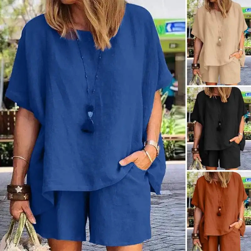 Summer Linen Suit Plus Size Casual Sportswear Temperament Fashion Loose Short-sleeved Top Shorts Two-piece Set 260612