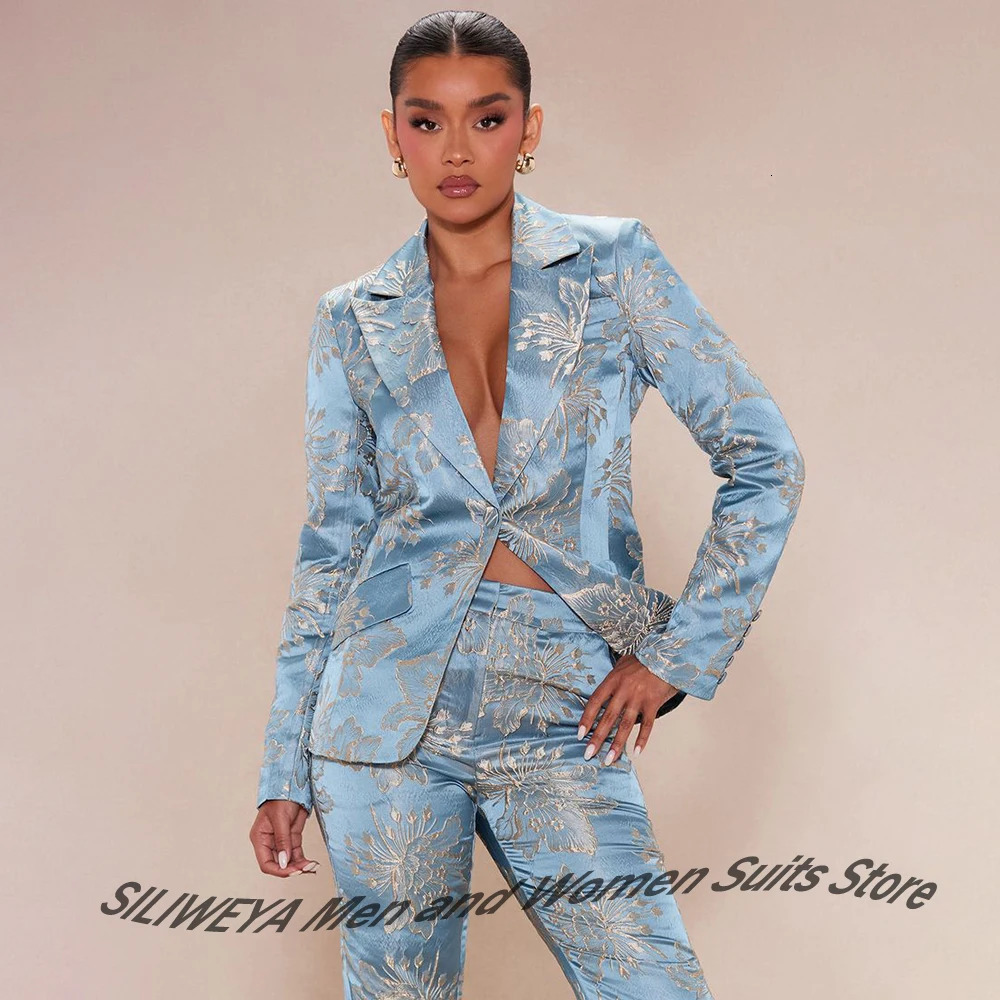y Hellblauer Damen-Anzug aus geprägtem Satin, 2-teiliges Set, Einknopf-Anzug mit spitzem Revers, weiblicher Blazer, schmale Passform, Abendpartyklei