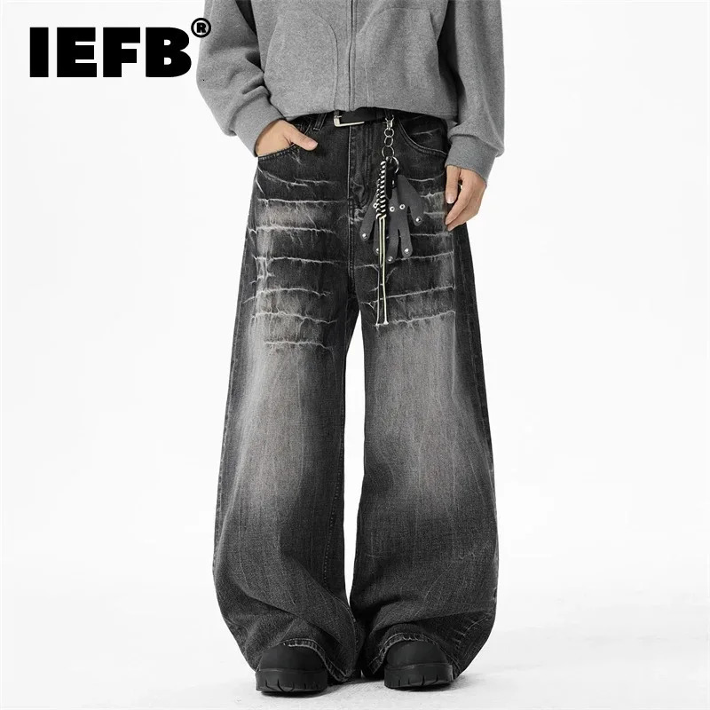 IEFB Trendy American Style Black Grey Mens Jeans Washed Vintage Lightning Pattern Baggy Loose Wide Leg Denim Long Pants 9X2237 260610