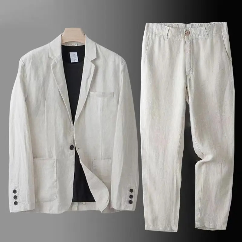Spring Autumn Fashion Men Linen Two-piece Set Blazer Jacket Pants Solid Slim Fit Casual Business Thin Clothing Breathable Suit 260608