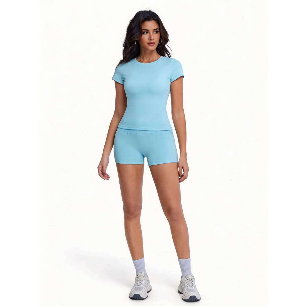 Women's 2 Piece Workout Outfits, Short Sleeve Crew Neck T-Shirt & High Waisted Biker Shorts with Pockets, Buttery Soft Slim Fit W260613