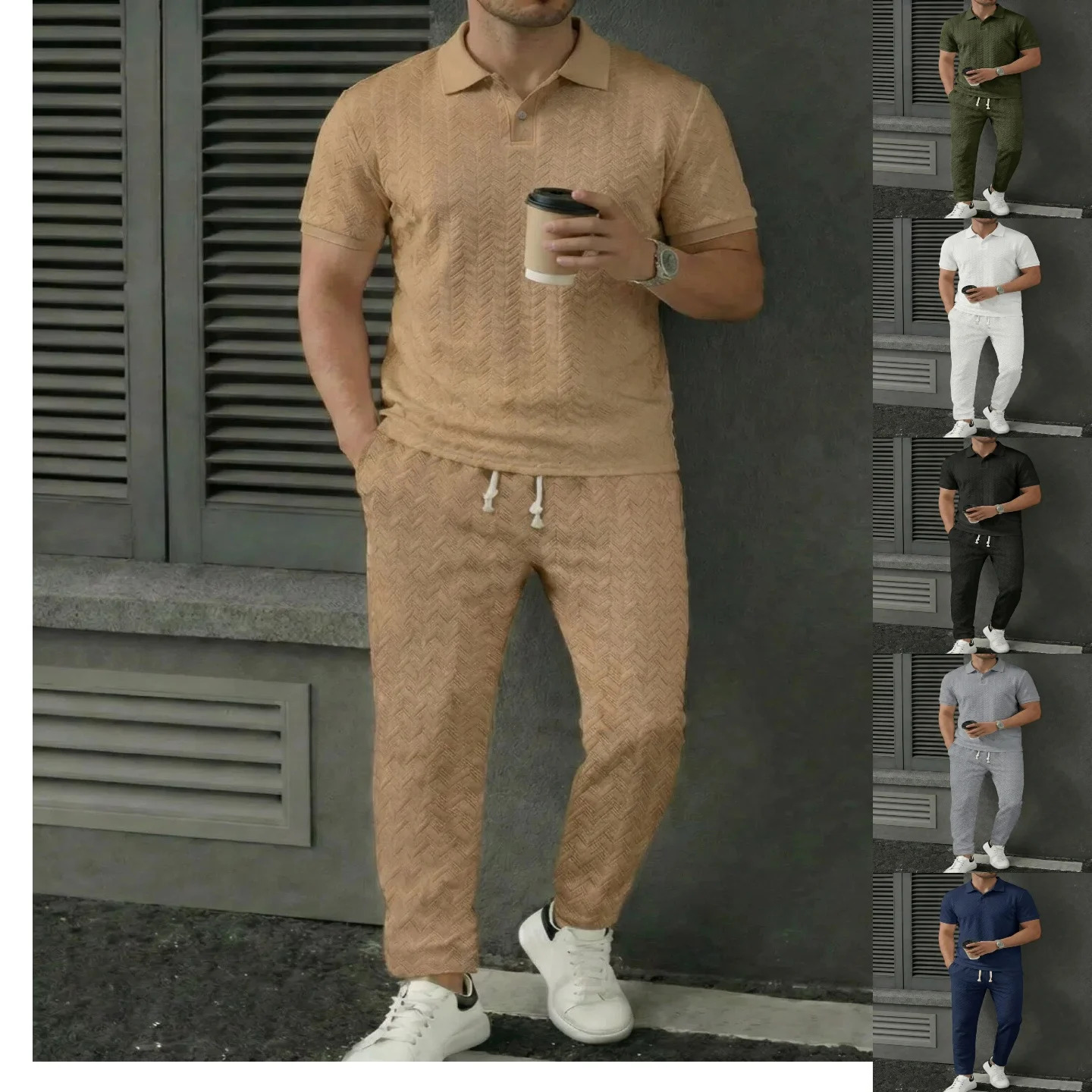 Summer mens jacquard fabric with ribbed cuffs solid color casual and comfortable polo shortsleeved long pants set