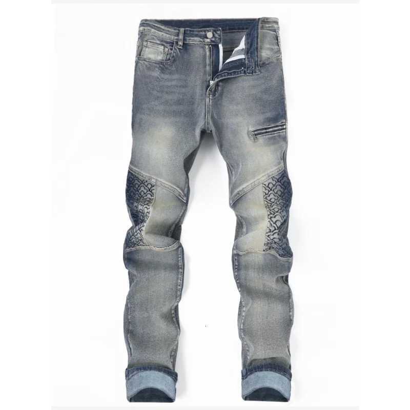 Y2K American Vintage Mens Slim Fit Stretch Jeans Embroidered Patchwork Blue Denim Pants Streetwear Biker Jeans T260410