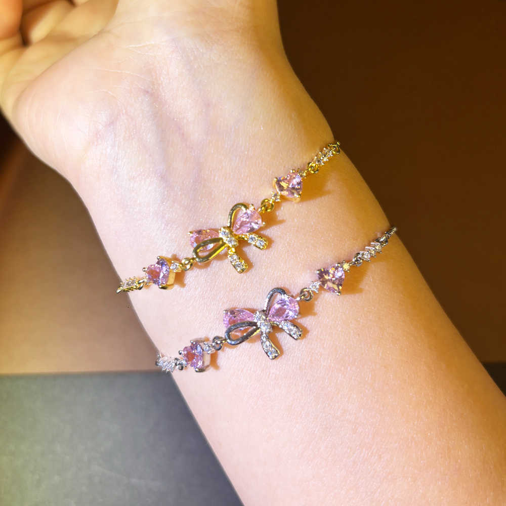 CZ Delicate Pink Zircon AAA Inlay Cute Bowknot Charm Bracelets For Women Gold Color Silver Color Copper Jewelry Femme Bijoux M260613