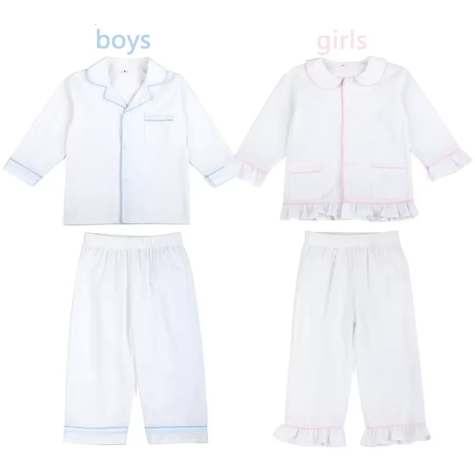 Mudbala Spring And Summer White Seersucker Pyjamas Set Piping Toddler Baby Boy And Girls Sibling Matching Kids Ruffle Pajamas 260612