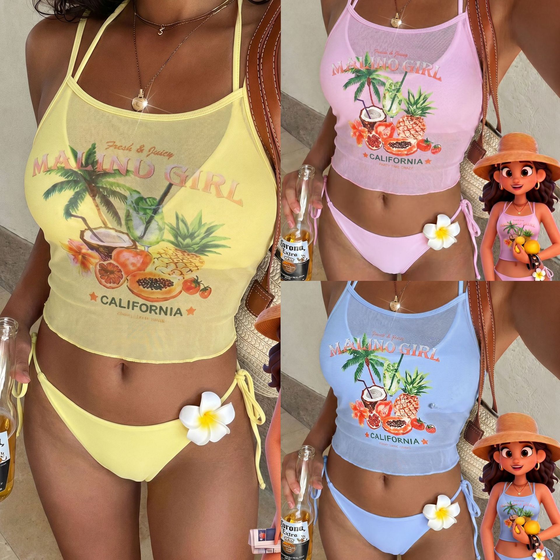 Free shipping 2026 New Tropical Fruit Print Halter Neck Sexy Vacation Style Swimsuit Bikini