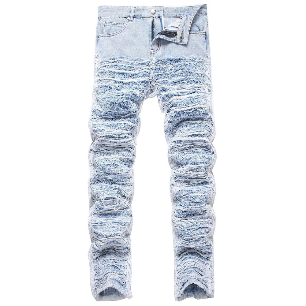 Mens Light Blue Fringe Denim Jeans Ripped Distressed Destroyed Streetwear Pants with Patches Patchwork Loose Fit Trousers 260612BANJIA