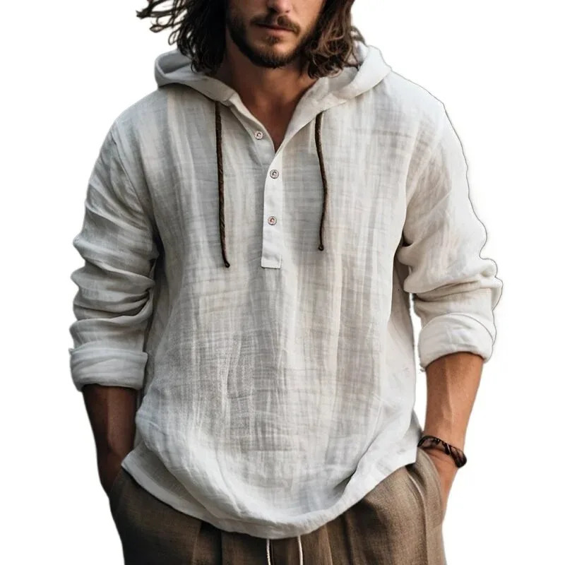 Maglietta casual con cappuccio Maglietta in cotone e lino Camicetta a maniche lunghe da uomo Holiday Beach Primavera Solid Plain Tunica Camicia con