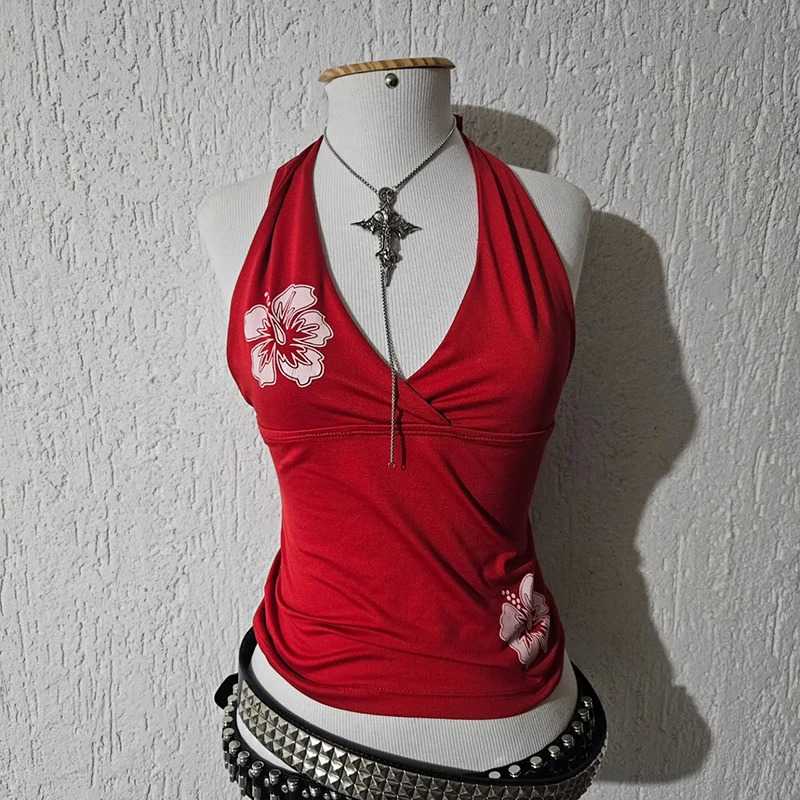 Fashionable summer womens Y2k halter top Harajuku flower pattern printed fitted backless casual Vneck sleeveless tank 260613
