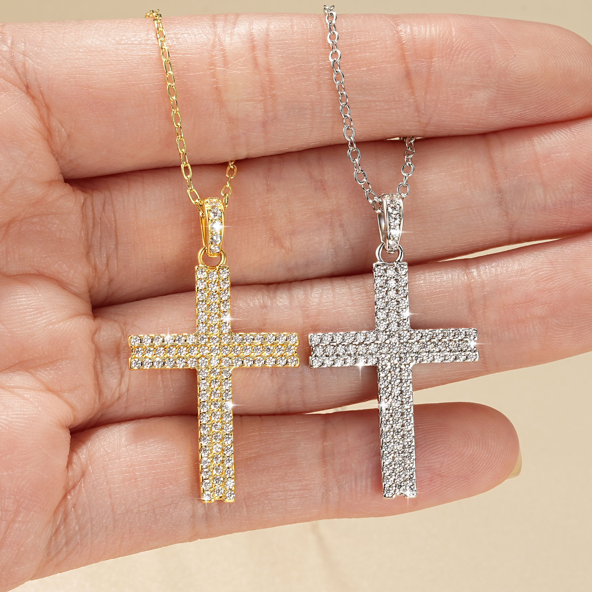 Luxury Three-Row Diamond Cross Pendant Necklace, 925 Sterling Silver Base 18K Gold Plated Waterproof Fine Jewelry, Classic Religious Symbol Necklace