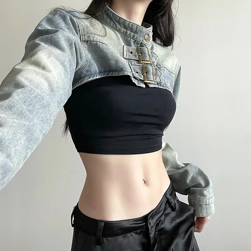 MEXZT Y2K Cropped Denim Jacket Women Vintage 90S Sexy Long Sleeve Jeans Coats Summer Gyaru Harajuku Streetwear n Outerwears 260609