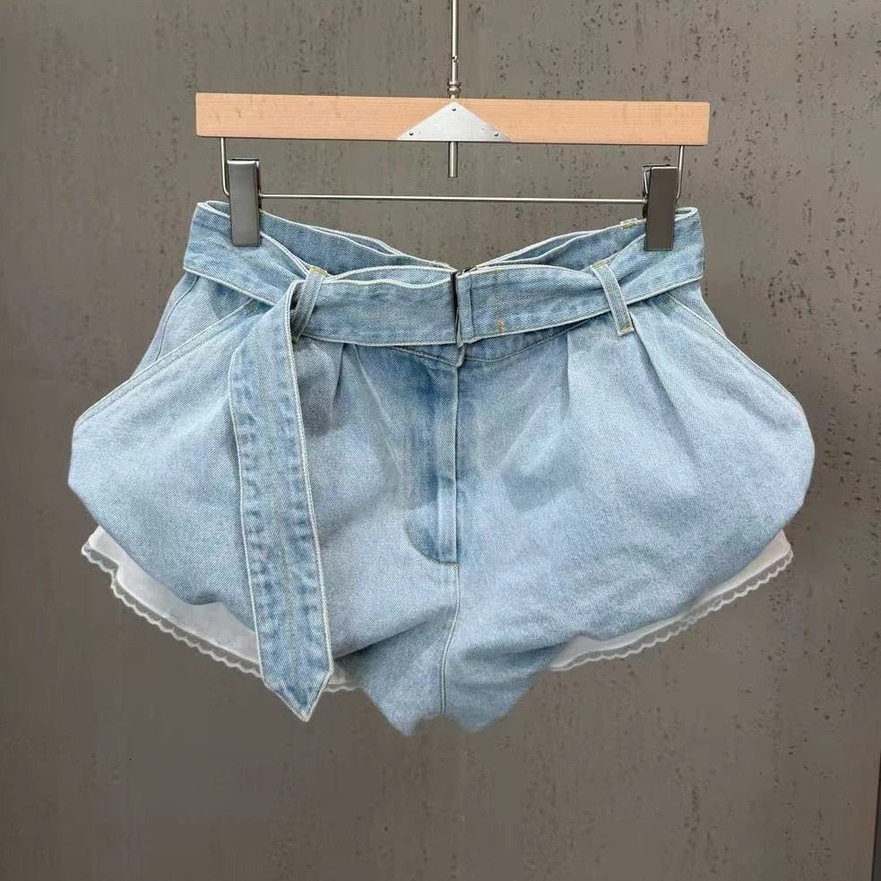 2026 Lace Patchwork Denim Shorts with Belt Washed and Distressed Easiest for Match Buds Summer Women 260613