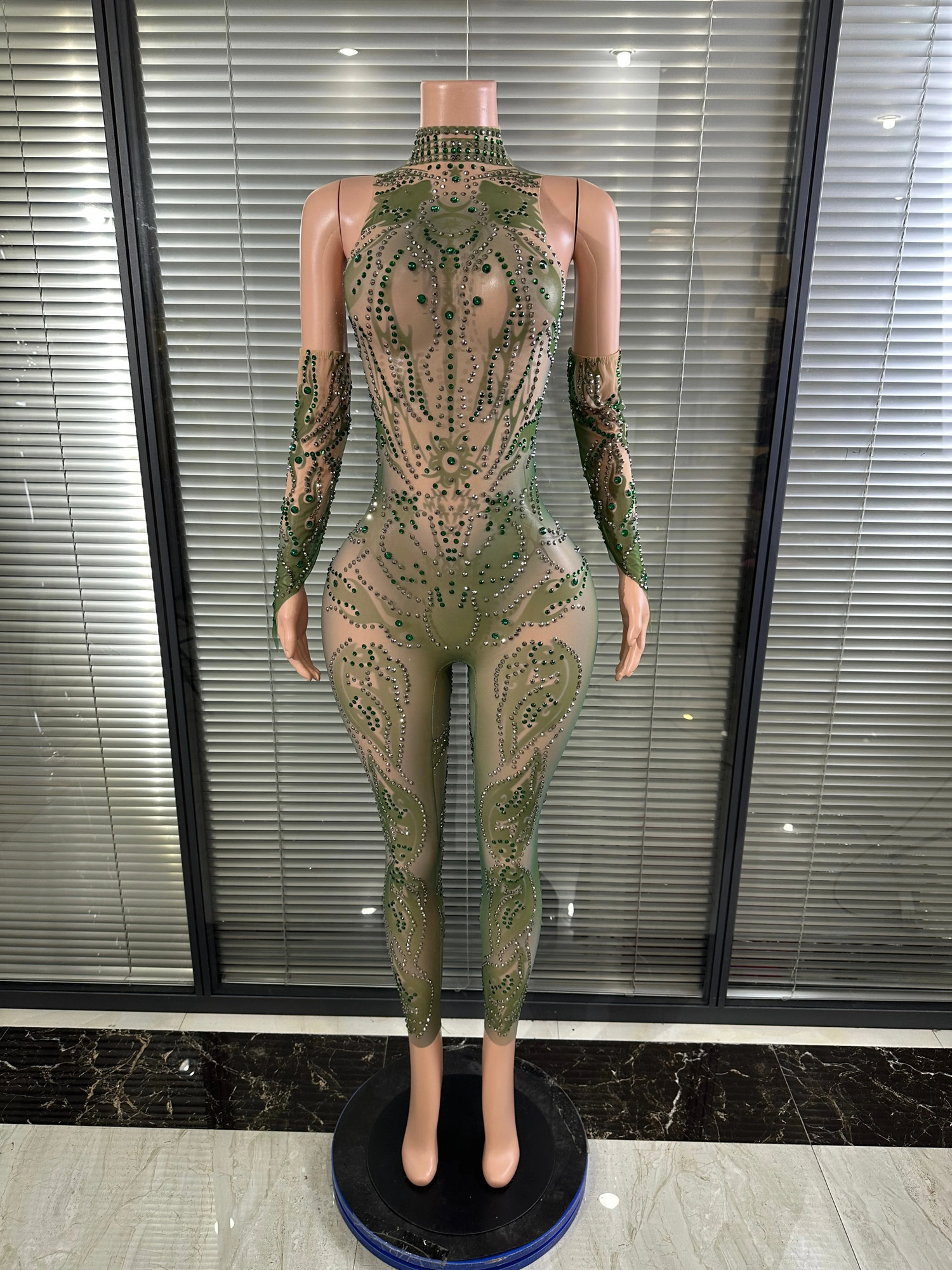 Chic Sheer Mesh Full Body Jumpsuit Women Sexy Embellished High Neck Slimfit Outfit Nightclub Evening Party Costume 260609BANJIA
