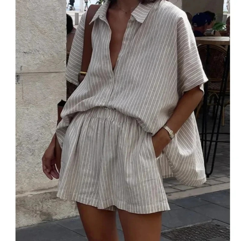 Casual Striped Chic Lady Sets Women Shorts Suits Summer Lapel Half Sleeve Single Breasted Lace Up Shirt Wide Leg Shorts 260612