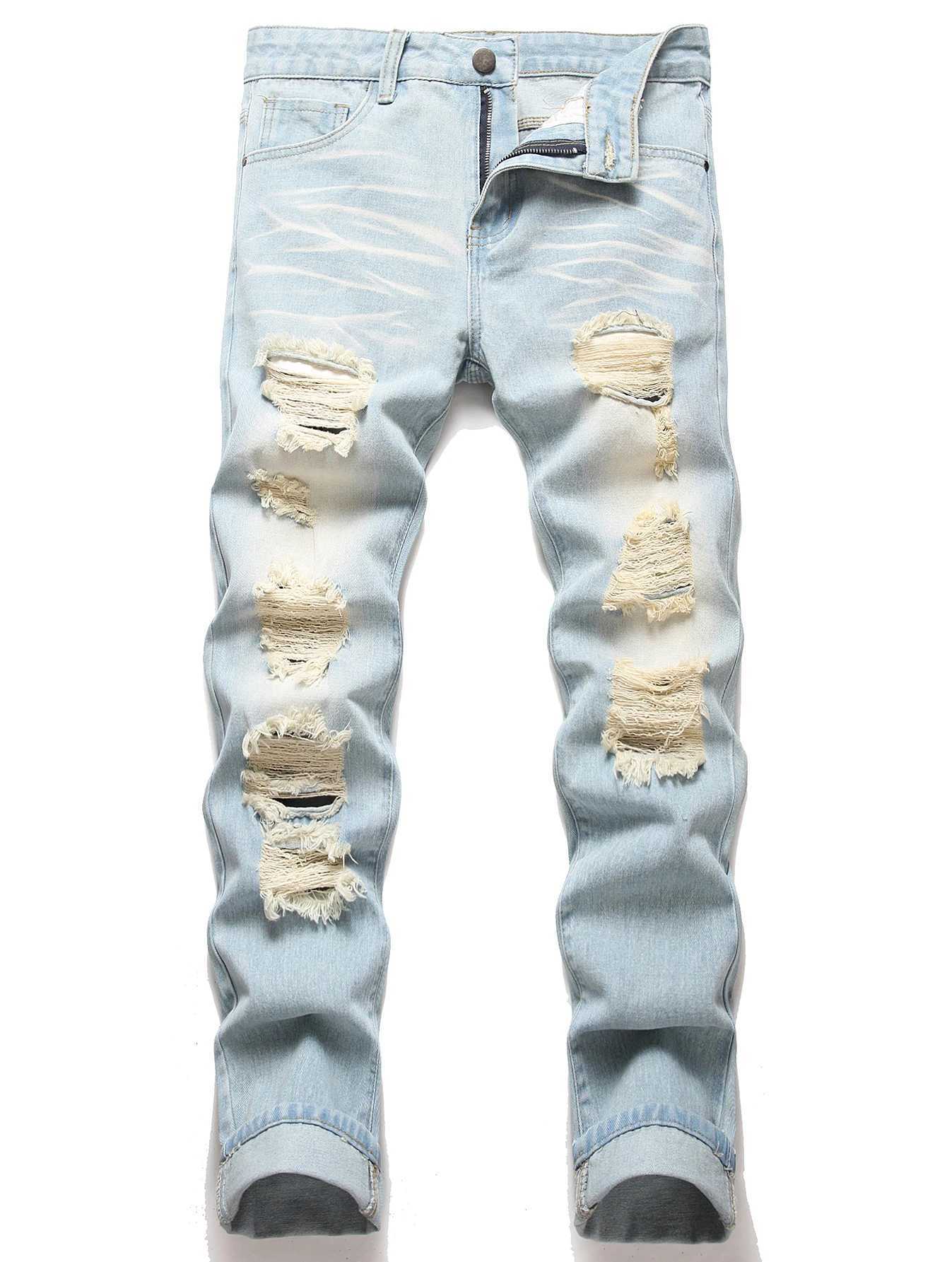 Mens Vintage Light Blue Jeans Straight Loose Fit Distressed Cat Whisker Denim Pants Casual Streetwear High Quality Stretch 28-4 T260410