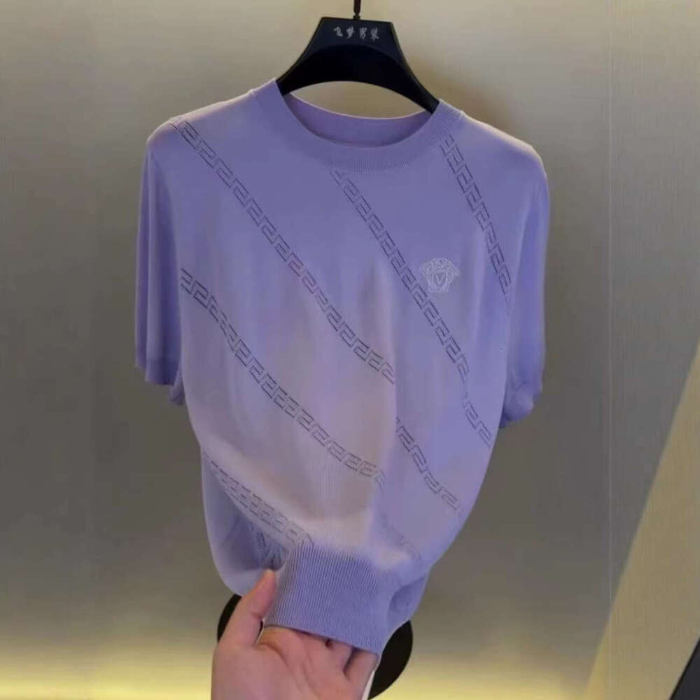 Luxury Brand Designer Clothes European-Style Summer New Brand Rhinestone-Embellished Ice Silk Short-Sleeve Men's T-Shirt, Slim-Fit Round-Neck K