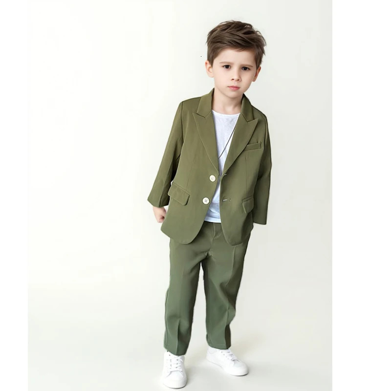 Children Casual Army Green Suits Spring Autumn Boys Birthday Wedding Event Performance Clothes Kids Blazer Pants Outfit 260612