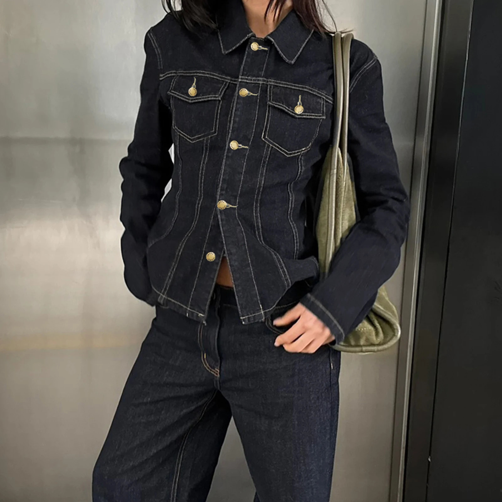 Women Y2K Denim Tops Long Sleeve Turn Down Collar Solid Color Button Down Jacket with Pockets for Casual Daily Streetwear 260609