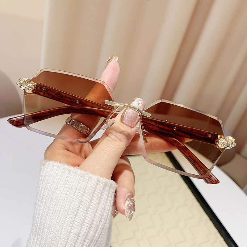 Luxury Brand Designer Sunglasses Frameless Polygonal Leopard Wood Grain Temple European And American Retro Ins Internet Celebrity Street Style Sungl