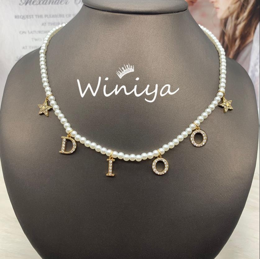Pendant Necklaces New letter studded pearl temperament necklace bracelet, fashionable European and American trend jewelry wholesale